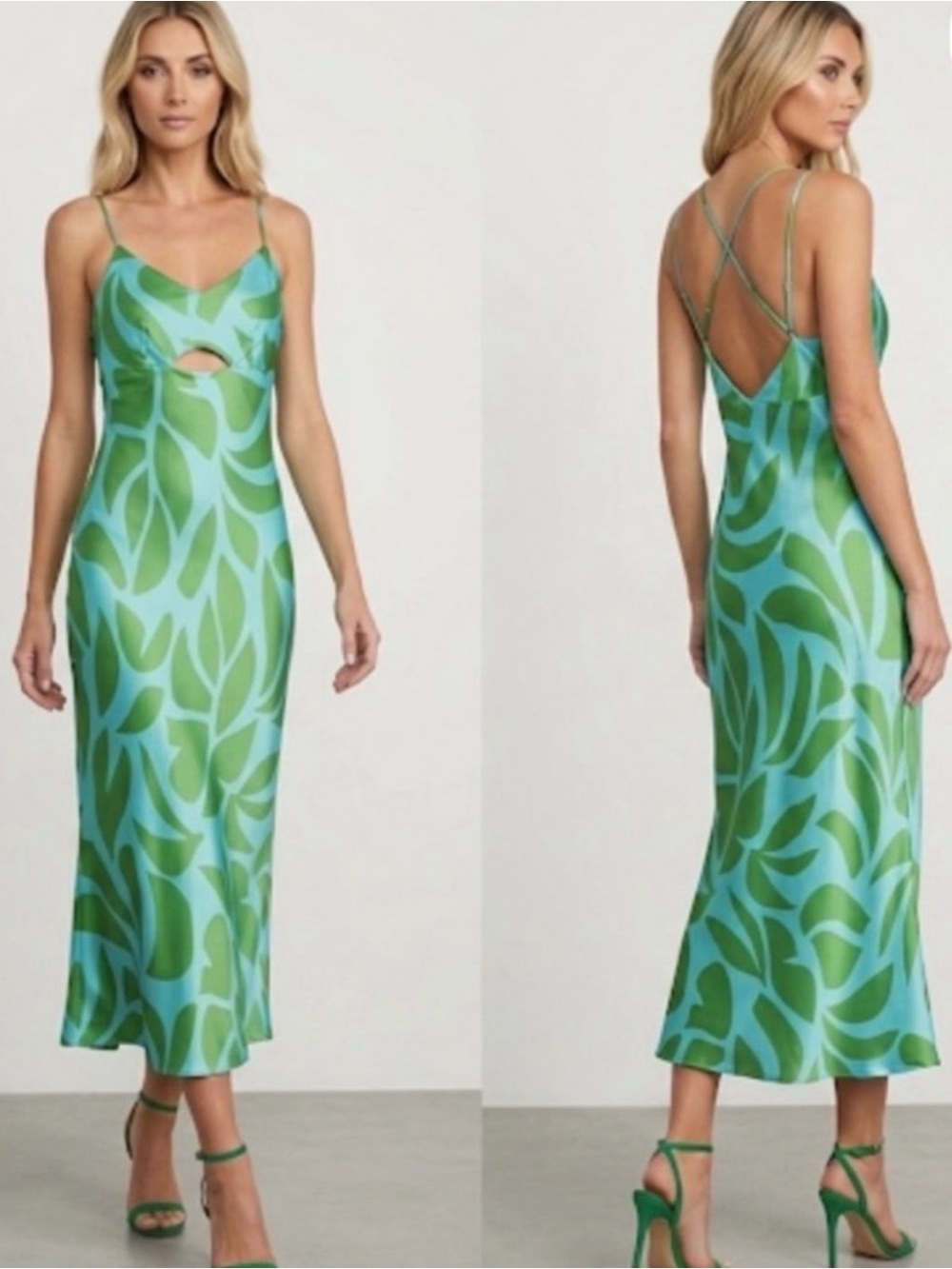 House of Harlow 1960 Aqua Blue and Green Lime Leaf Slip Midi Dress Straps